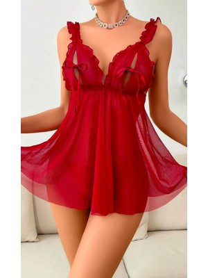 Efil Efil Kadın Kırmızı Tül Gecelik Fırfırlı Fiyonklu Şık Giysi Tanga Hediyeli Iç Giyim Seksi Gecelik Fantezi Iç Giyim