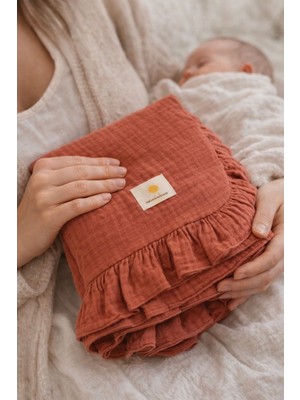 Heianmono Kiremit Rengi 4 Kat Müslin Fırfırlı Bebek Battaniyesi (100X100)