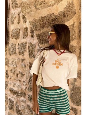 Le'sluette Kadın Oversize T Shirt %100 Pamuk Il Sole Infinito Nakışlı Ekru
