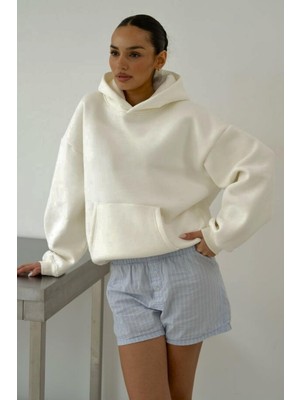 Le'sluette Kadın Relaxed %100 Pamuk Karyoka Dikişli Kapüşonlu Sweatshirt Ekru
