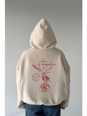 Le'sluette Kadın Oversize %100 Pamuk Baskılı Sweatshirt Los Angeles Özgürlük Heykeli Beyaz