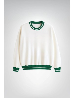 Le'sluette Kadın Oversize %100 Pamuk Bisiklet Yaka Triko Detaylı Sweatshirt Ekru Yeşil