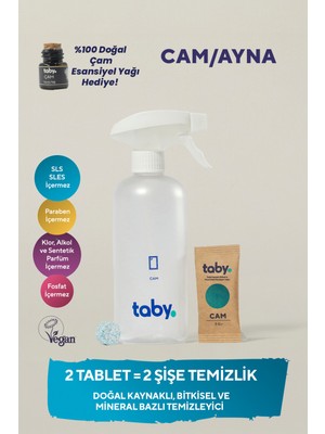 Taby Doğal Kaynaklı Bitkisel ve Mineral Bazlı Cam/ayna Temizleyici Başlangıç Seti 1 Şişe+2 Tablet