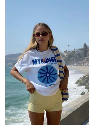 Le'sluette Kadın Oversize Mykonos Baskılı %100 Pamuk T-Shirt Ekru