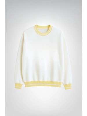 Le'sluette Premium Ekru Sarı Triko Sweatshirt Oversize Bisiklet Yaka Yüksek Kaliteli Örgü