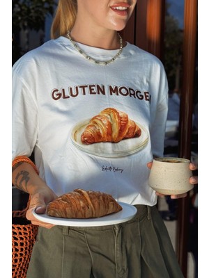 Le'sluette Kadın Oversize Kruvasan (Gluten Morgen) Baskılı %100 Pamuk T-Shirt Ekru