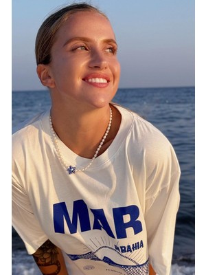 Le'sluette Unisex Oversize Mar Mavi Balık Baskılı %100 Pamuk T-Shirt Yüksek Kalite