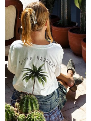 Le'sluette Unisex Oversize California Palmiye Baskılı %100 Pamuk T-Shirt Yüksek Kalite Ekru