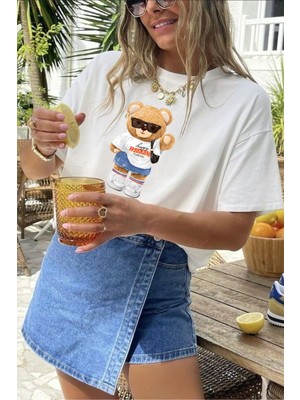 Le'sluette Unisex Oversize Ayı (Teddy Bear) Baskılı %100 Pamuk T-Shirt Yüksek Kalite Ekru