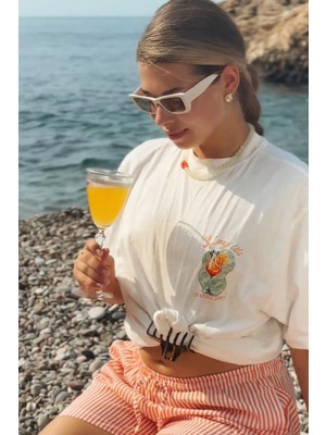 Le'sluette Unisex Oversize %100 Pamuk Baskılı T-Shirt Aperol Spritz Ekru