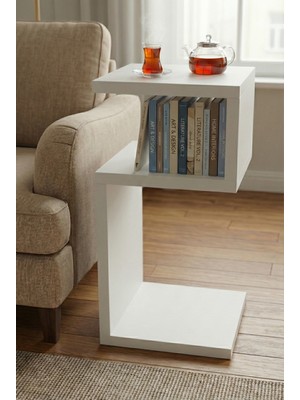 Trendpix Koltuk Yanı Sehpa – Raflı Zigon Sehpa | Laptop, Çay & Kahve Sehpası | Modern Beyaz Tasarım