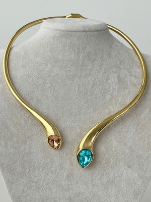 Calista Aksesuar Kahverengi ve Mavi Renklerinde Parlak Taşlı Gold Kolye