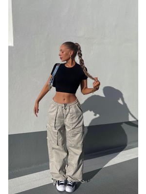 Le'sluette Kadın Basic Crop Top Kısa Kollu %100 Pamuk Siyah