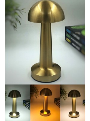 Feyza Design Dekoratif Metal Altın Mantar Masa Lambası, Kablosuz, Led, USB Şarjlı, 3 Renk