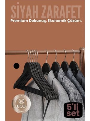 5'li Lüks Siyah Elbise Ceket Askısı - Ergonomik & Kaymaz Plastik Askı Seti - Ahşap Görünümlü