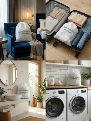 50 Adet Baskılı Çamaşır Torbası - 40X50 cm Büzgülü Tela Bavul Içi Organizer