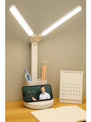 Feyza Design Şarjlı Masa Lambası, Çift Led, Ayarlanabilir, Telefon Tutucu, Kalemlikli