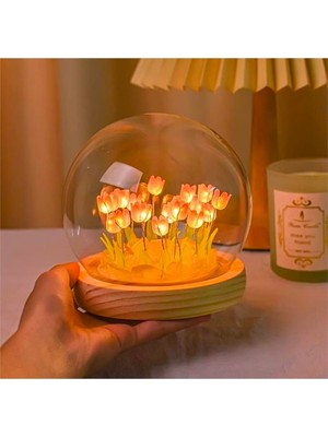 Feyza Design Lale Bahçesi Tasarımlı Led'li Fanuslu Masa ve Gece Lambası