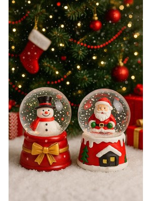LED Işıklı Mini Kar Küresi Çift Set, Noel Baba ve Kardan Adam Dekoru