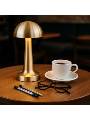Feyza Design Gold Renk Mantarlı LED Masa Lambası, Kablosuz ve Dokunmatik, Şarjlı, 3 Renk