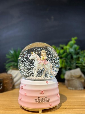 Işıklı Müzikli Büyük Boy Pilli Kar Küresi, Pembe, Atlı Melek Tasarımı