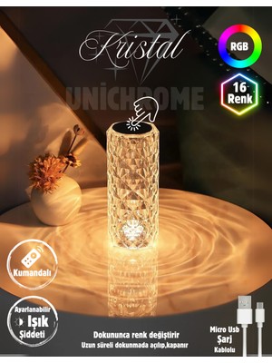 Feyza Design Rgb LED Masa Lambası, Dokunmatik, USB Şarjlı, Kristal Elmas Tasarım