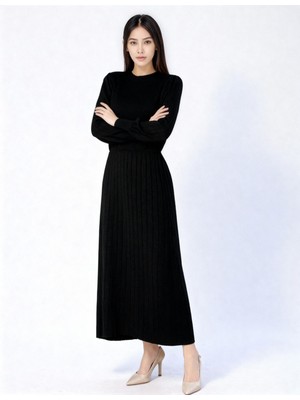 Mamayaga Kadın Uzun Kol Bisiklet Yaka Triko Belden Asimetrik Etek Triko Spor Şık Elbise