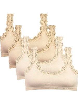 ModaSize 4 Adet Dantel Nakış Işlemeli Pedli Bambu Kadın Büstiyer Ten Krem