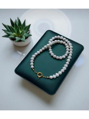 Taşmir Sertifikalı Doğal Inci Kolye 8 mm Altın Kaplama Gemici Kilit Kulplu Altın Takılan