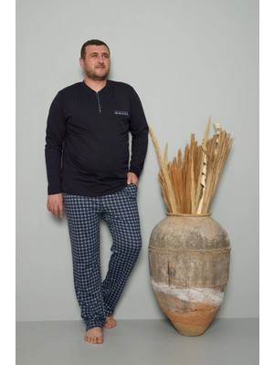 Pijamoni Erkek Büyük Beden Bisiklet Yaka Koyu Lacivert Pijama Takımı