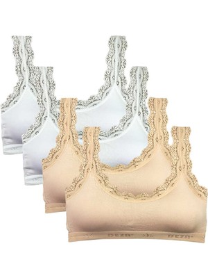 ModaSize 4 Adet Dantel Nakış Işlemeli Pedli Bambu Kadın Büstiyer Beyaz Ten