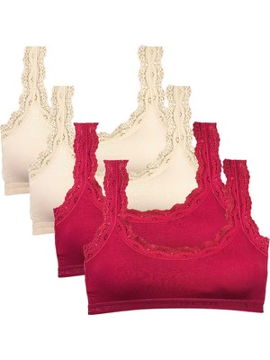 ModaSize 4 Adet Dantel Nakış Işlemeli Pedli Bambu Kadın Büstiyer Krem Bordo