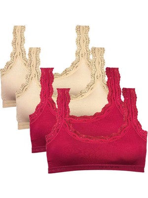 ModaSize 4 Adet Dantel Nakış Işlemeli Pedli Bambu Kadın Büstiyer Ten Bordo