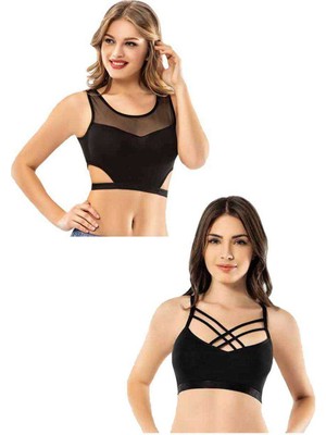 ModaSize Kota 2 Adet Siyah Tül Modelli Çapraz Ipli Büstiyer
