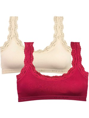ModaSize 2 Adet Dantel Nakış Işlemeli Pedli Bambu Kadın Büstiyer Krem Bordo