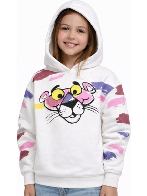 Escabel Kız Çocuk Sweat Shirt Kapüşonlu Pembe Panter Baskılı Kırık Beyaz 8 Yaş