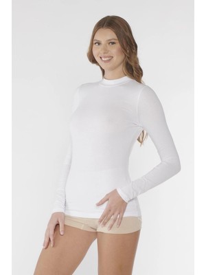 Kolcu Kadın Balıkçı Yaka Uzun Kollu Beyaz Atlet