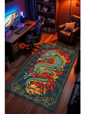 Charmbi Ejder Desenli Kaymaz Taban Makinede Yıkanabilir Gaming Oyuncu Gamer Genç Odası Halısı