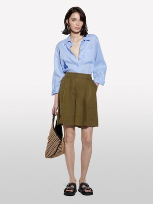 Sisley   %100 Keten Pile Detaylı Yüksek Bel Bermuda Şort