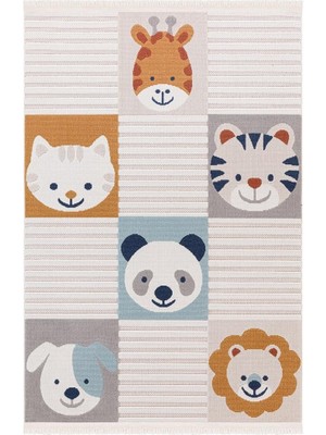 Hayvan Figürlü Kare Desenli Antibakteriyel – Antialerjik – Tüy Dökmeyen Saçaklı Çocuk Halısı | Türkeri Halı