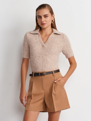 Dilvin 10814 Yün Karışımlı Triko Kazak-Bej Melanj