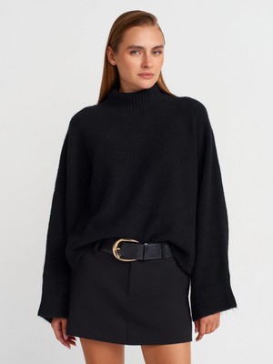 Dilvin 10817 Yarasa Kol Yün Karışımlı Triko Kazak-Siyah