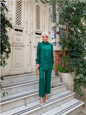Comstar Kadın Desenli Gömlek Bol Pantolon Alt Üst Zümrüt Ikili Takım