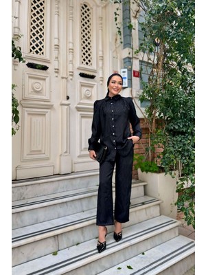 Comstar Kadın Desenli Gömlek Bol Pantolon Alt Üst Siyah Ikili Takım