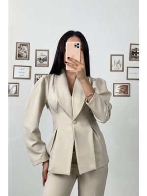 Comstar Kadın Paça Düğmeli Pantolon Ceket Krem Ikili Takım