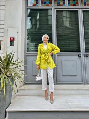 Comstar Kadın Bel Bağlamalı Tonik Uzun Yeşil Ceket