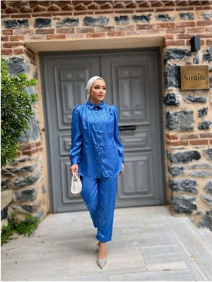 Comstar Kadın Desenli Gömlek Bol Pantolon Alt Üst Mavi Ikili Takım