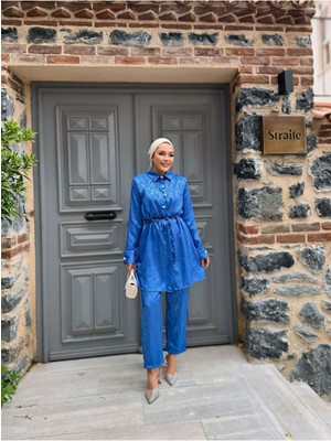 Comstar Kadın Bağlamalı Uzun Ceket Bol Pantolon Mavi Ikili Takım