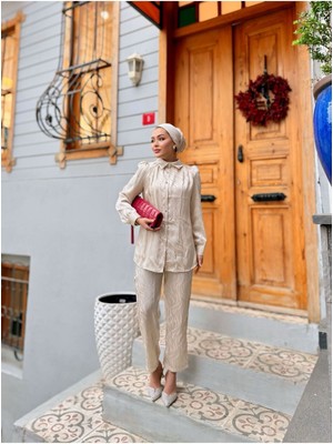 Comstar Kadın Desenli Gömlek Bol Pantolon Alt Üst Krem Ikili Takım