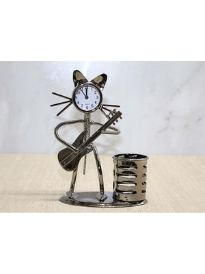 Avensyy Metal Gitar Çalan Kedi Müzisyen Saat ve Kalemlik